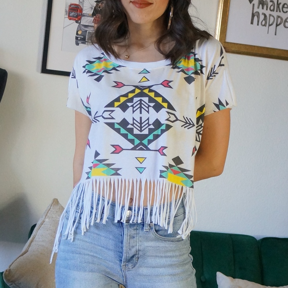 White Tribal Print Short Sleeve Top with Fringe